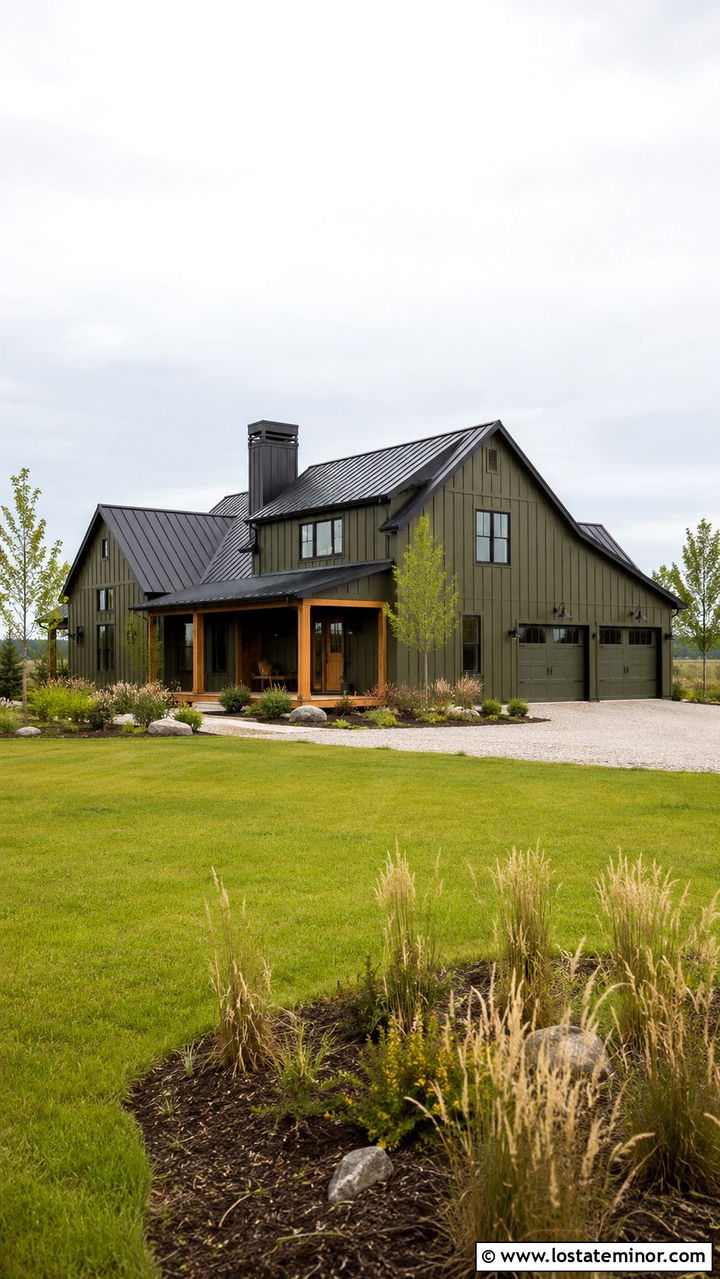 Olive Green Barn House With Metal Roof Chimney - 30 Olive Green House Design With Chimney Ideas