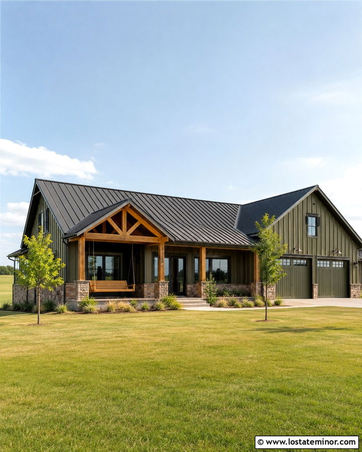 Olive Green Barndominium With Porch Swing - 30 Olive Green House Design With Swing Ideas