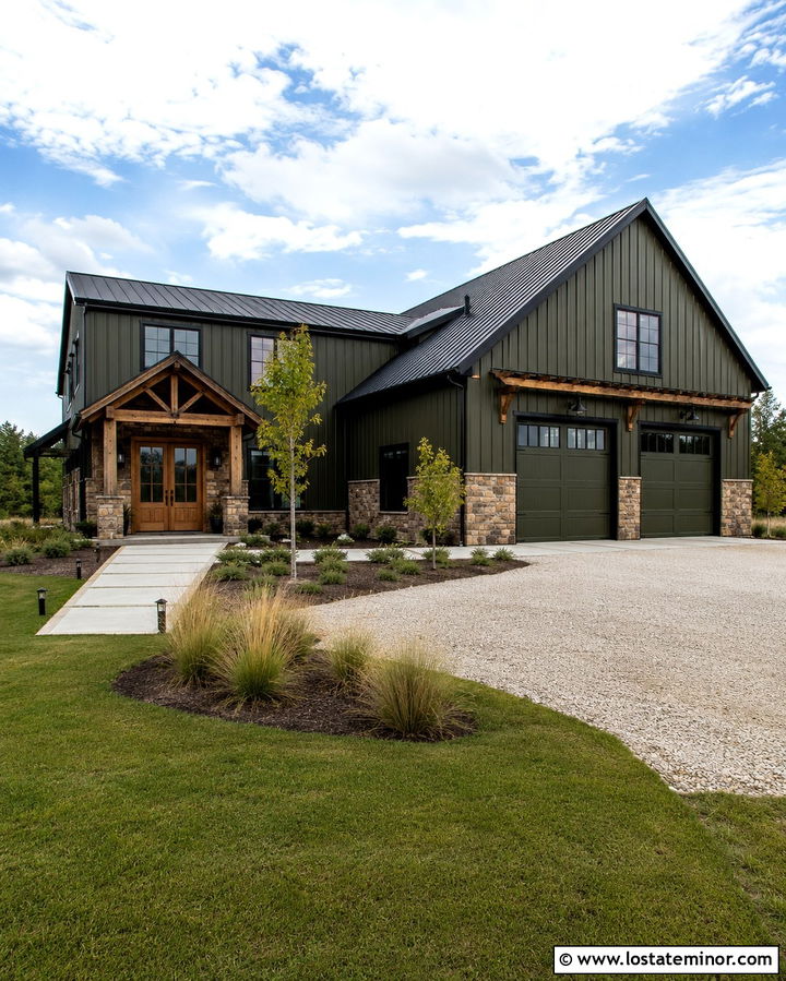Olive Green Barndominium With Stone Entry - 30 Olive Green House Design With Stone Accents Ideas