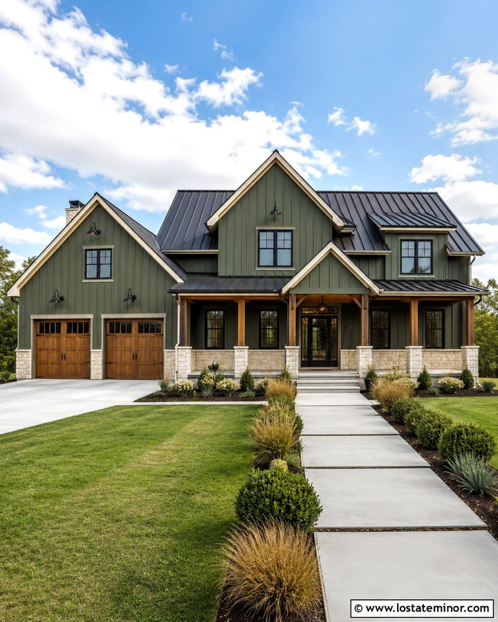 Olive Green Board And Batten House With Barn Lights - 30 Olive Green House Design With Light Fixtures Ideas