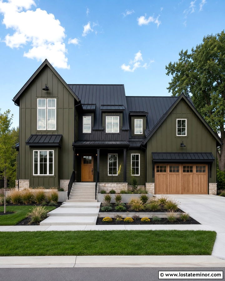 Olive Green Board And Batten House With Black Dormers - 30 Olive Green House Design With Dormers Ideas