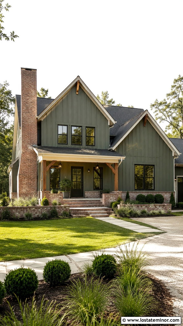 Olive Green Board And Batten House With Brick Chimney - 30 Olive Green House Design With Chimney Ideas