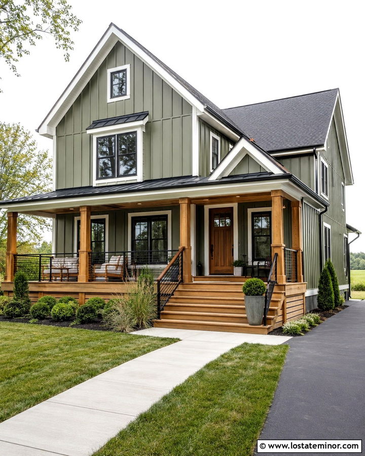 Olive Green Board And Batten House With Cedar Deck - 30 Olive Green House Design With Deck Ideas