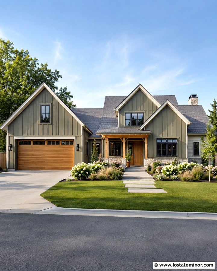 Olive Green Board And Batten House With Oak Garage Door - 30 Olive Green House Design With Garage Door Ideas