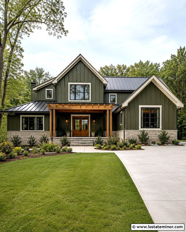 Olive Green Board And Batten House With Pergola - 30 Olive Green House Design With Pergola Ideas