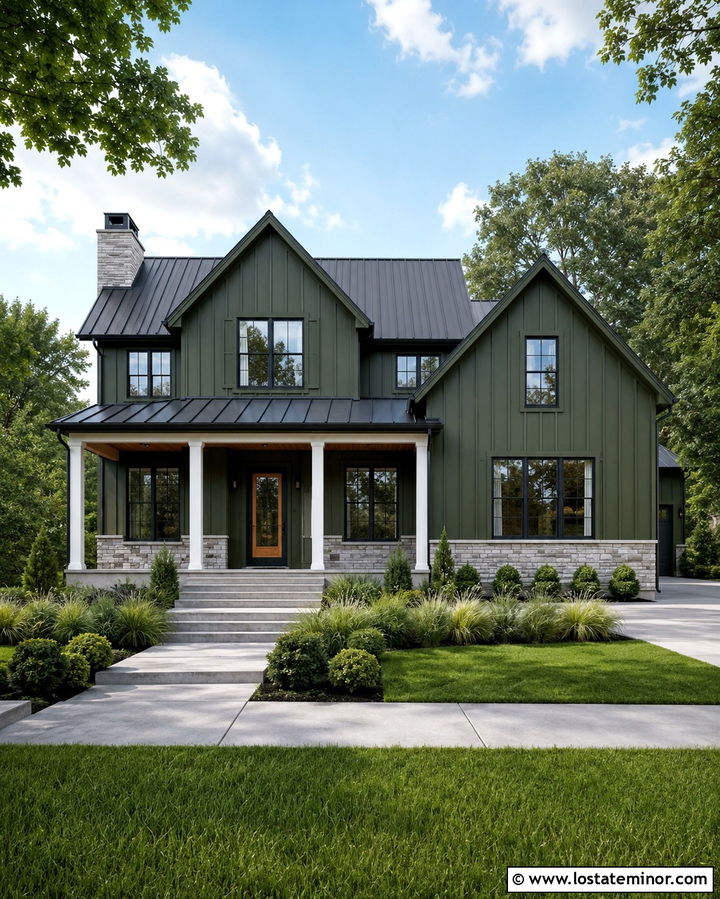 Olive Green Board And Batten House With Storm Door - 30 Olive Green House Design With Storm Door Ideas