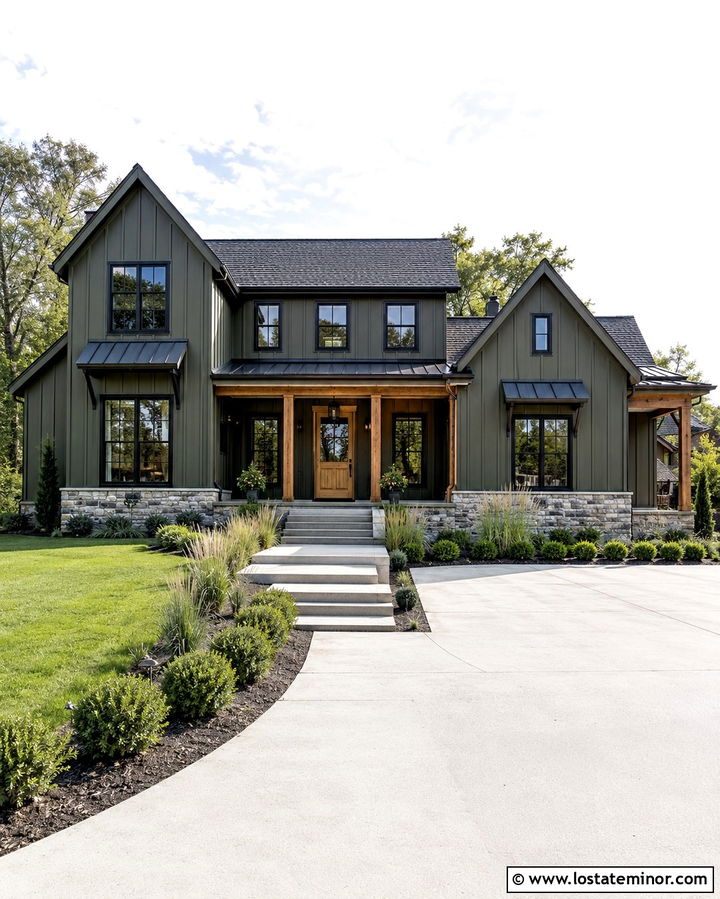 Olive Green Board And Batten Siding With Black Trim - 30 Olive Green House Design With Siding Ideas
