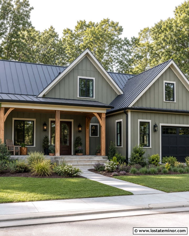 Olive Green Board And Batten With Cedar Porch - 30 Olive Green House Design With Accents Ideas