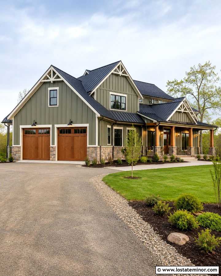 Olive Green Board And Batten With Gooseneck Lights - 30 Olive Green House Design With Lighting Ideas