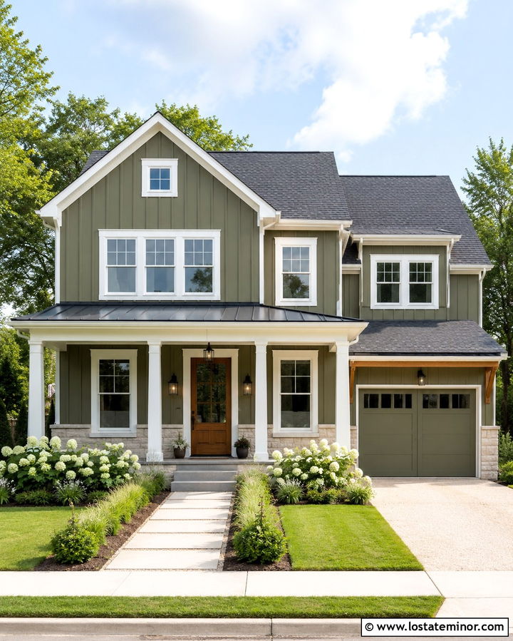 Olive Green Board And Batten With White Window Frames - 30 Olive Green House Design With Window Frames Ideas