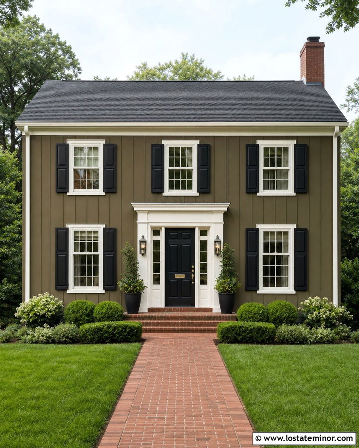 Olive Green Board and Batten Colonial House - 30 Olive Green House Design With Board and Batten Ideas