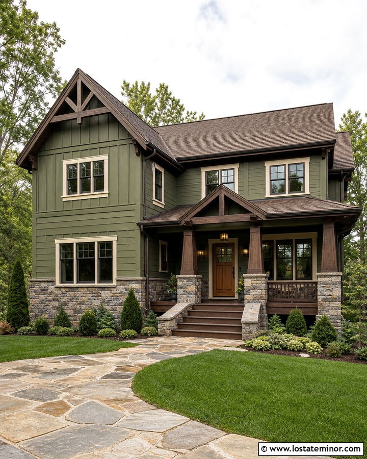 Olive Green Board and Batten Craftsman - 30 Olive Green House Design With Board and Batten Ideas