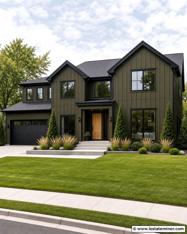 Olive Green Board and Batten With Black Trim - 30 Olive Green House Design With Board and Batten Ideas