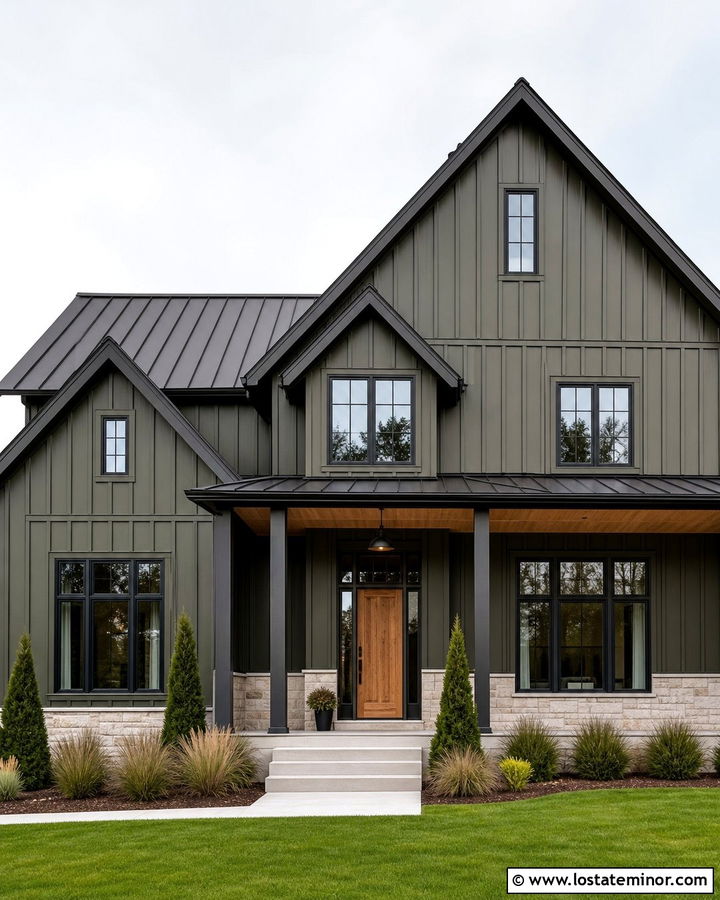 Olive Green Board and Batten With Black Windows - 30 Olive Green House Design With Board and Batten Ideas