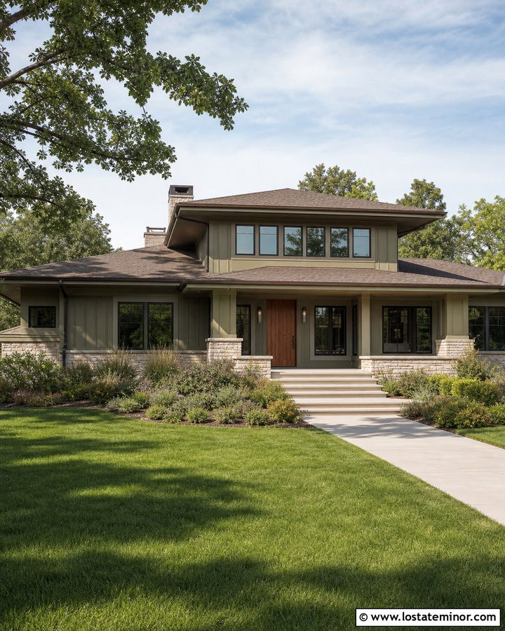 Olive Green Board and Batten With Bronze Windows - 30 Olive Green House Design With Board and Batten Ideas