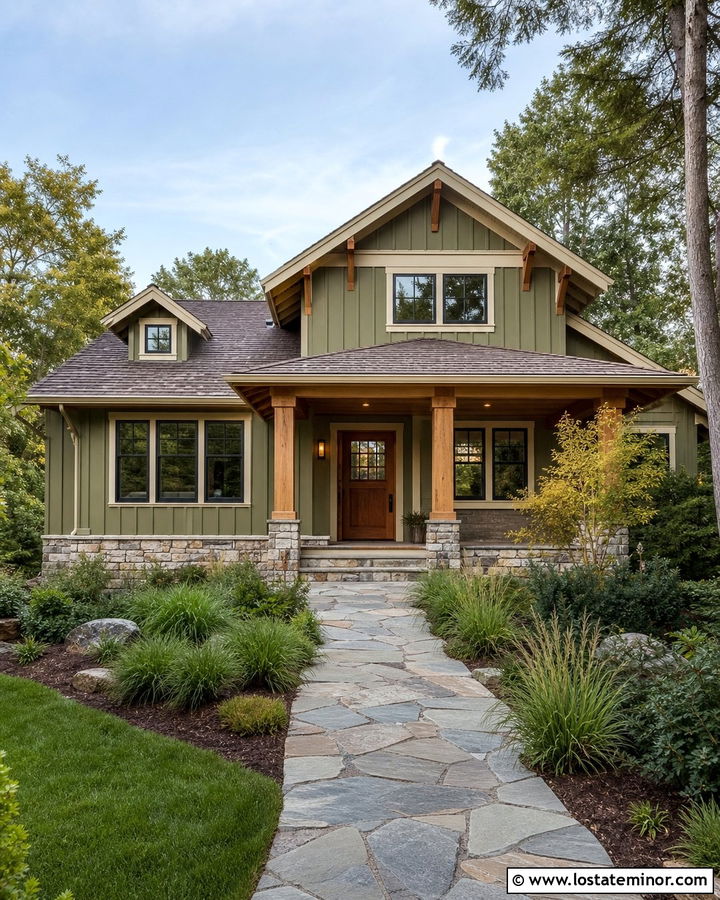 Olive Green Board and Batten With Cedar Accents - 30 Olive Green House Design With Board and Batten Ideas