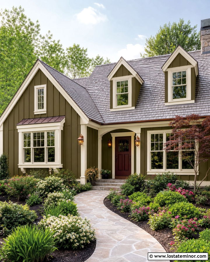 Olive Green Board and Batten With Cream Trim - 30 Olive Green House Design With Board and Batten Ideas