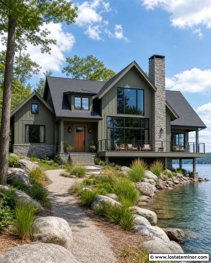 Olive Green Board and Batten With Gray Stone - 30 Olive Green House Design With Board and Batten Ideas