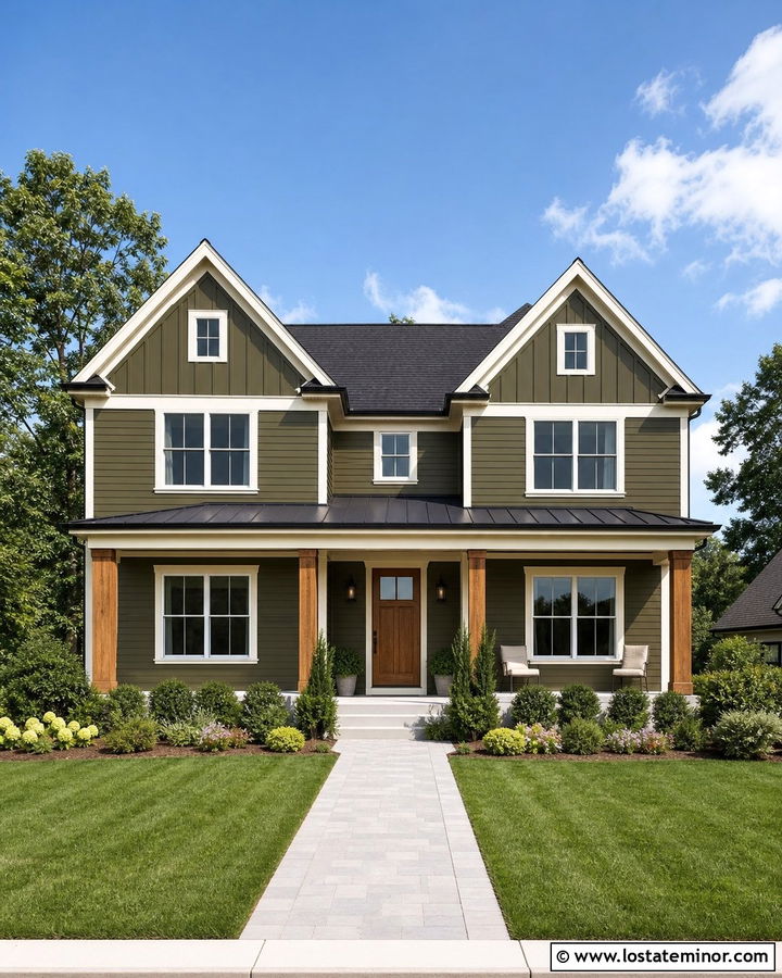 Olive Green Board and Batten With Horizontal Siding - 30 Olive Green House Design With Board and Batten Ideas