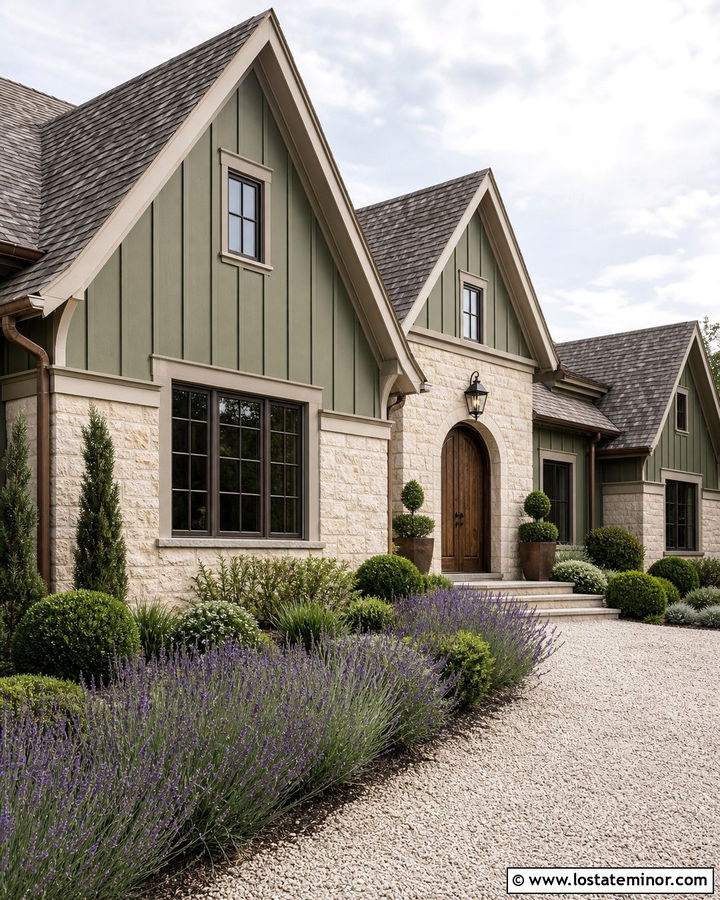 Olive Green Board and Batten With Limestone - 30 Olive Green House Design With Board and Batten Ideas
