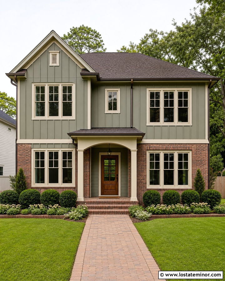 Olive Green Board and Batten With Red Brick - 30 Olive Green House Design With Board and Batten Ideas