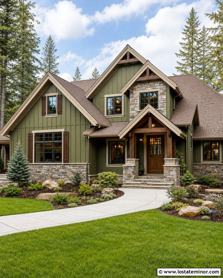 Olive Green Board and Batten With Stone Accents - 30 Olive Green House Design With Board and Batten Ideas