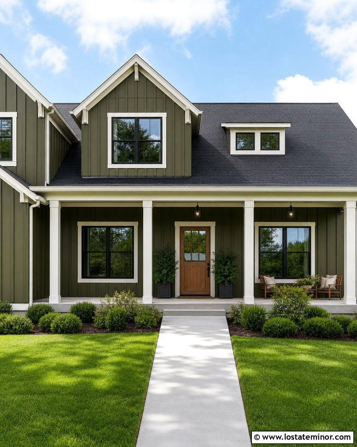 Olive Green Board and Batten With White Trim - 30 Olive Green House Design With Board and Batten Ideas