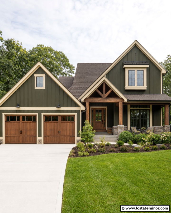 Olive Green Board and Batten With Wood Garage Doors - 30 Olive Green House Design With Board and Batten Ideas