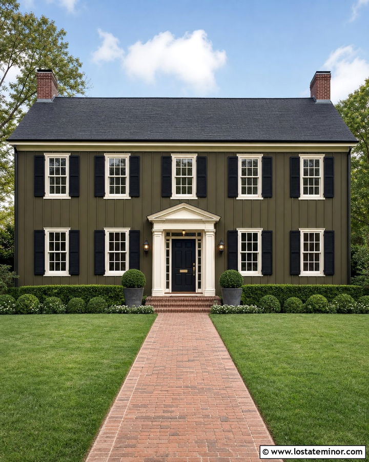 Olive Green Board and Batten With a Black Front Door - 30 Olive Green House Design With Board and Batten Ideas