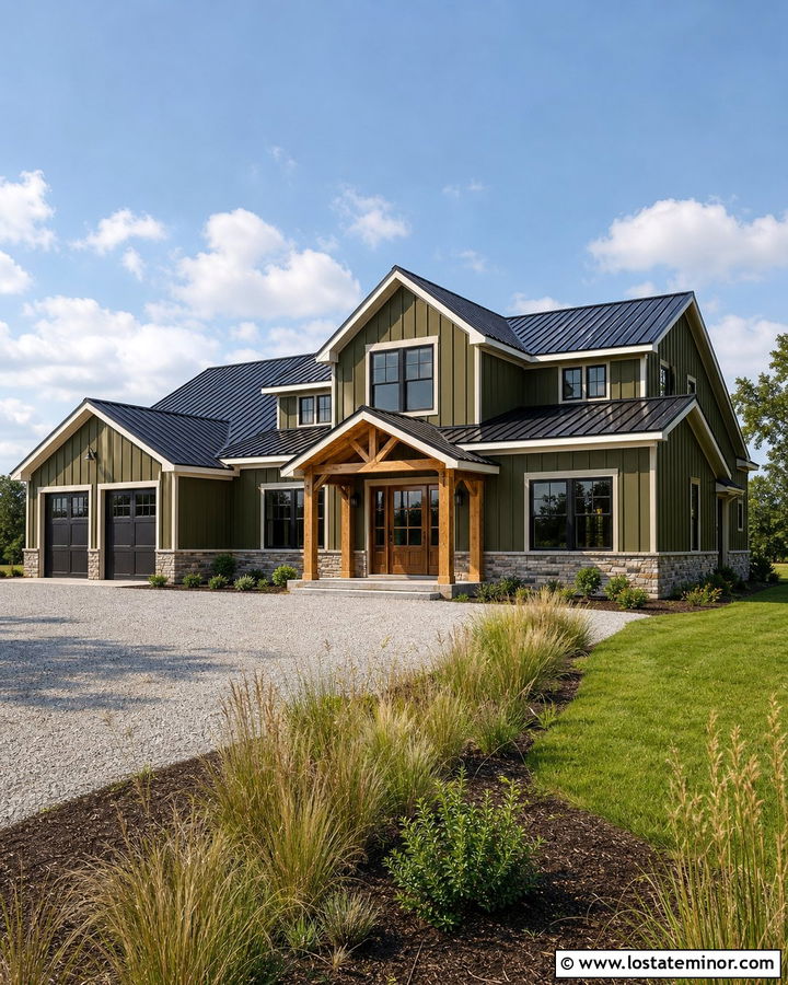 Olive Green Board and Batten With a Black Metal Roof - 30 Olive Green House Design With Board and Batten Ideas