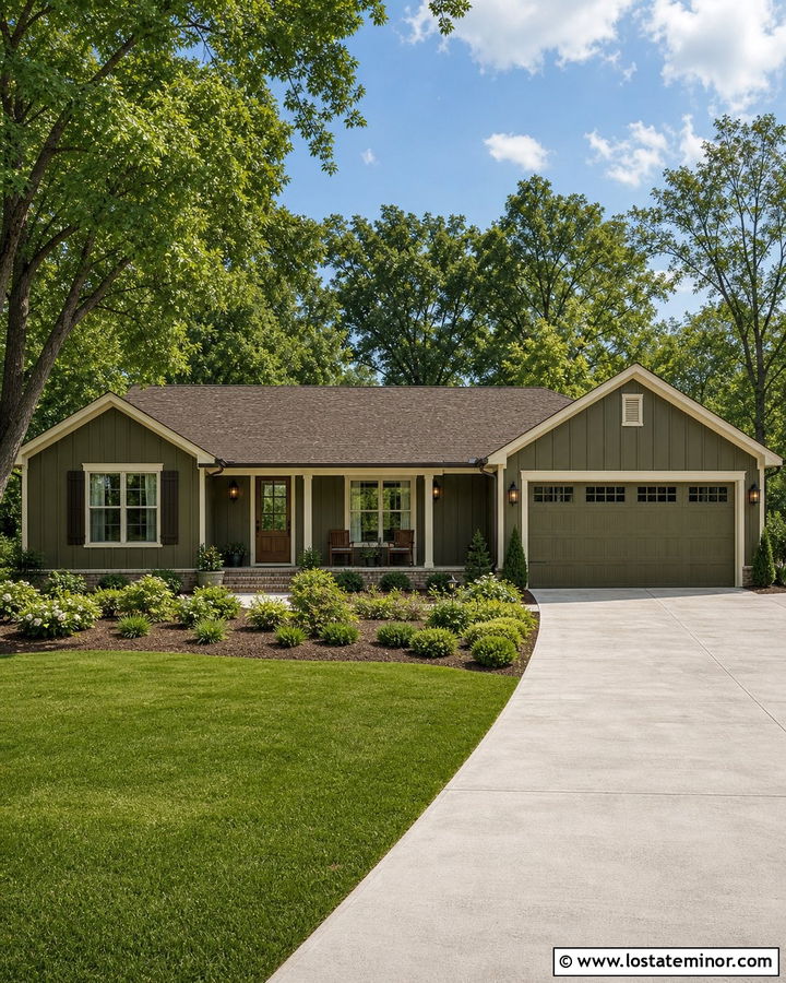 Olive Green Board and Batten With a Brown Shingle Roof - 30 Olive Green House Design With Board and Batten Ideas