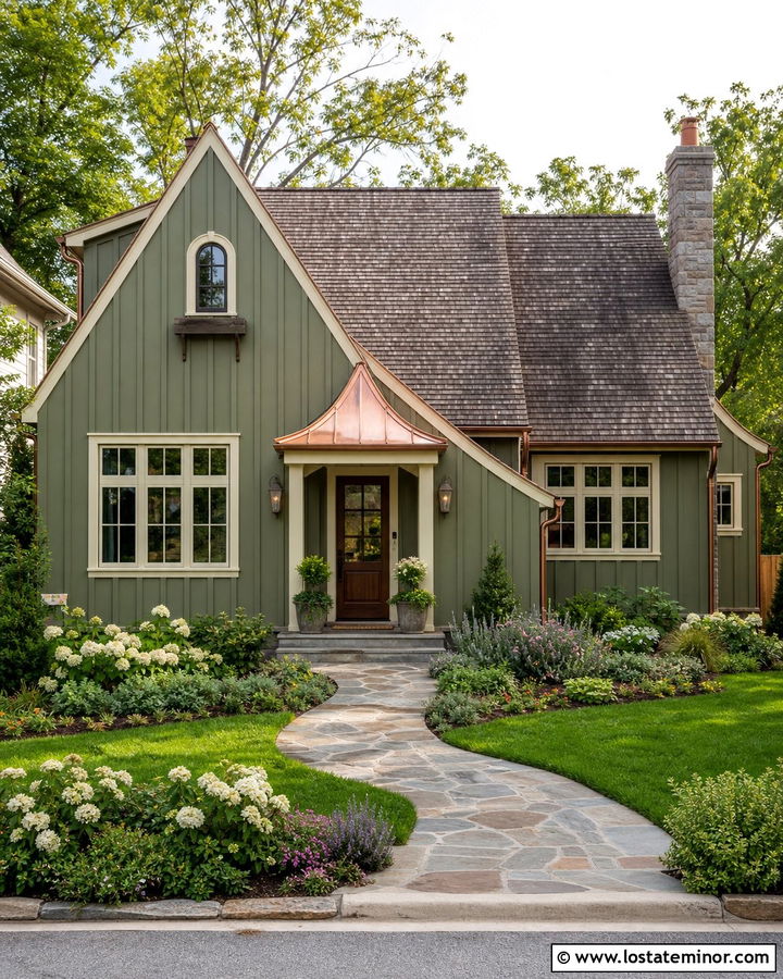 Olive Green Board and Batten With a Copper Roof - 30 Olive Green House Design With Board and Batten Ideas