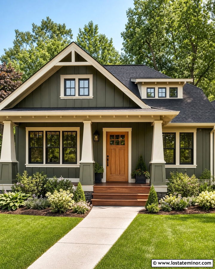 Olive Green Board and Batten With a Natural Wood Door - 30 Olive Green House Design With Board and Batten Ideas