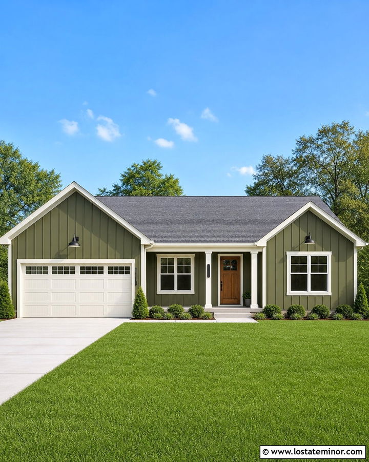 Olive Green Board and Batten With a White Garage Door - 30 Olive Green House Design With Board and Batten Ideas
