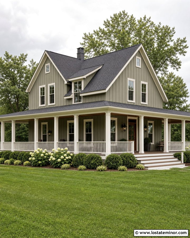 Olive Green Board and Batten With a Wraparound Porch - 30 Olive Green House Design With Board and Batten Ideas