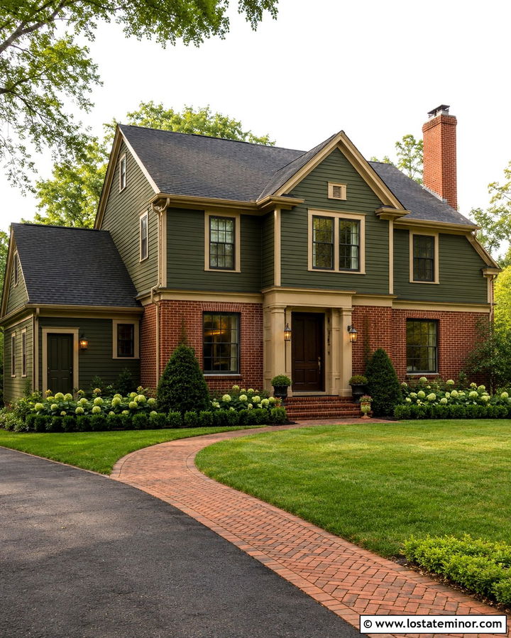 Olive Green Brick House With Brass Lanterns - 30 Olive Green House Design With Light Fixtures Ideas