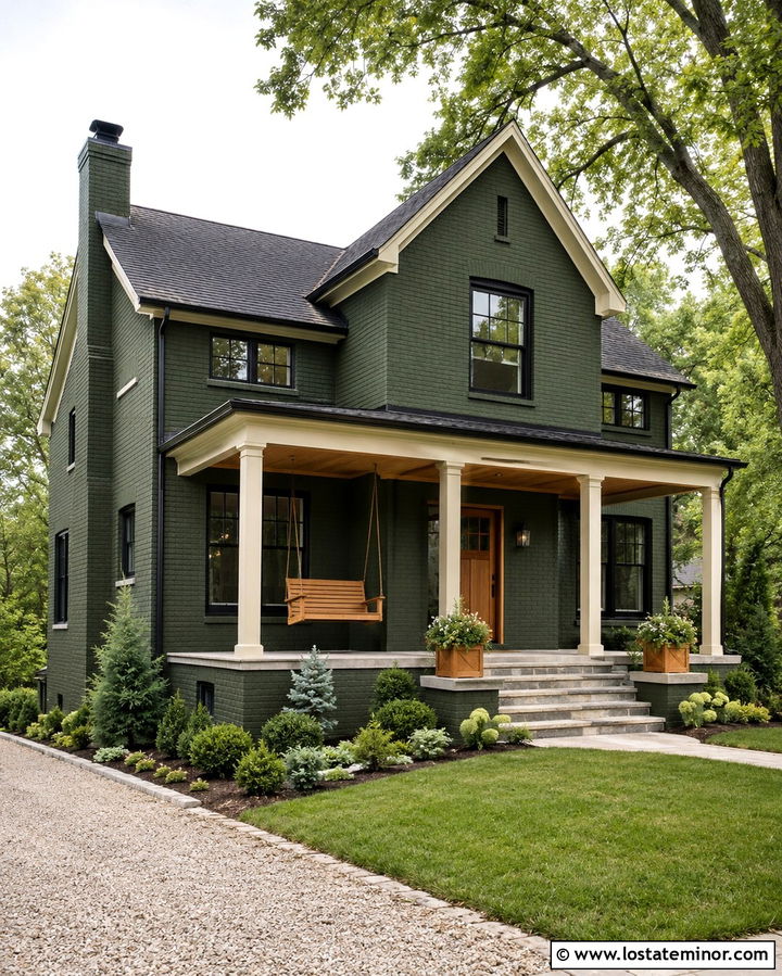 Olive Green Brick House With Cedar Swing - 30 Olive Green House Design With Swing Ideas