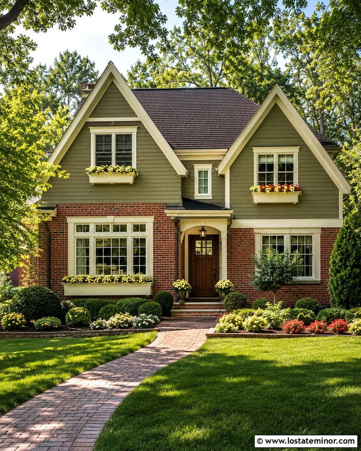 Olive Green Brick House With Cream Window Boxes - 30 Olive Green House Design With Window Boxes Ideas