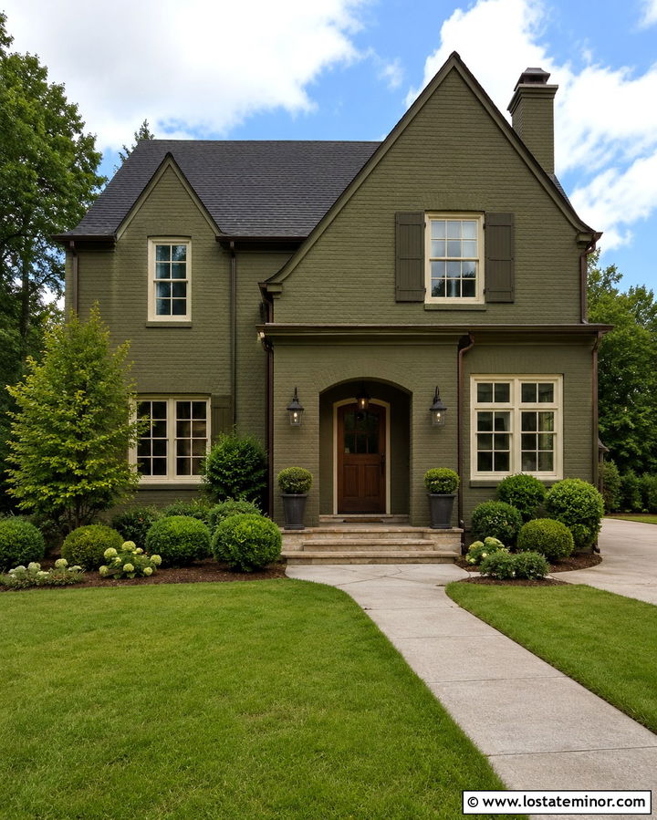 Olive Green Brick House With Downlights - 30 Olive Green House Design With Lighting Ideas