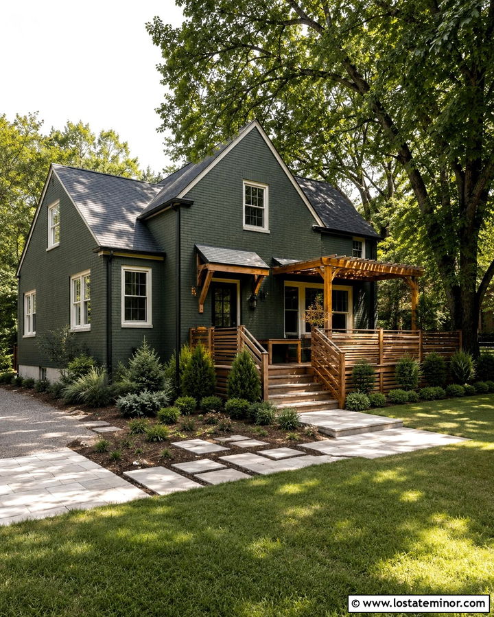Olive Green Brick House With Natural Deck - 30 Olive Green House Design With Deck Ideas