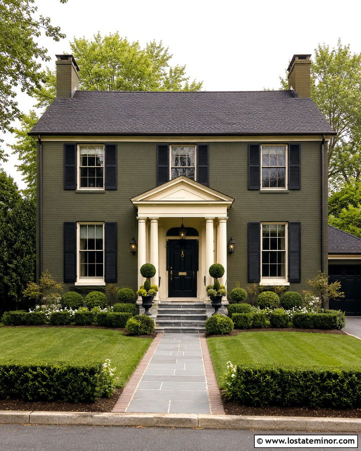 Olive Green Brick House With Pediment Portico - 30 Olive Green House Design With Portico Ideas