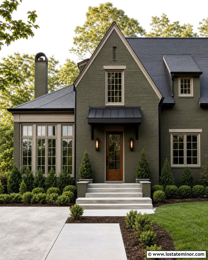 Olive Green Brick House With Steel Awning - 30 Olive Green House Design With Awning Ideas