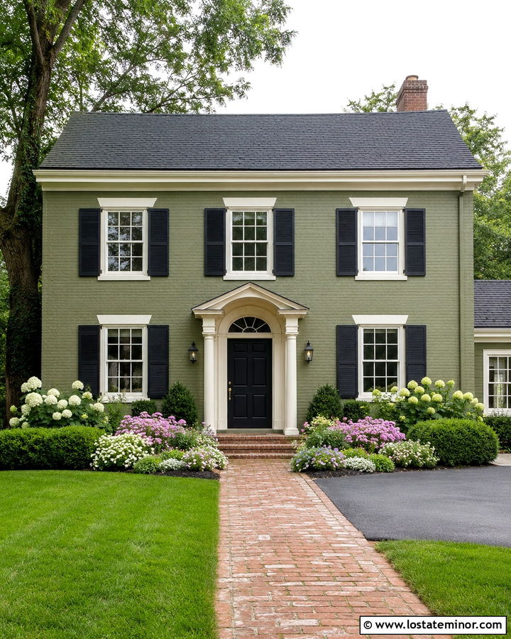 Olive Green Brick House With White Flowers - 30 Olive Green House Design With Landscaping Ideas