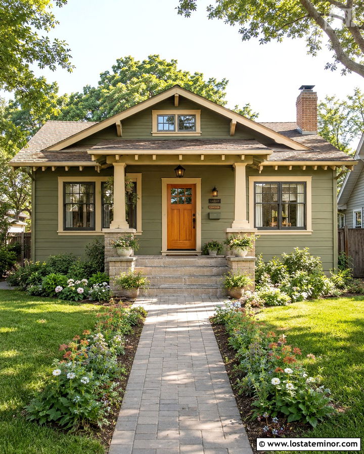 Olive Green Bungalow Siding With Tan Trim - 30 Olive Green House Design With Siding Ideas