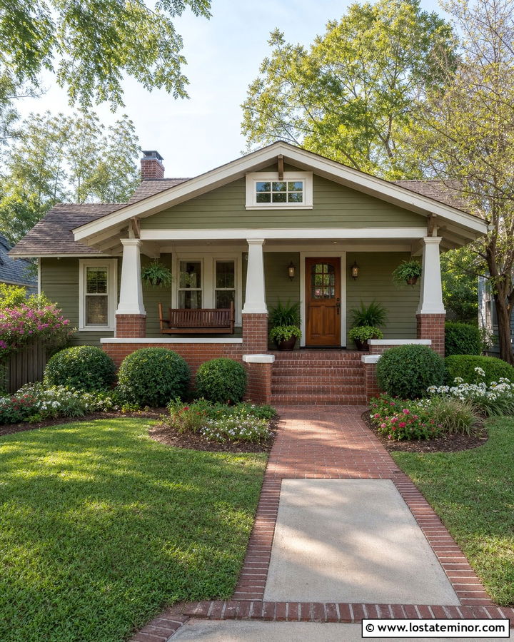 Olive Green Bungalow With Brick Porch Floor - 30 Olive Green House Design With Brick Accents Ideas