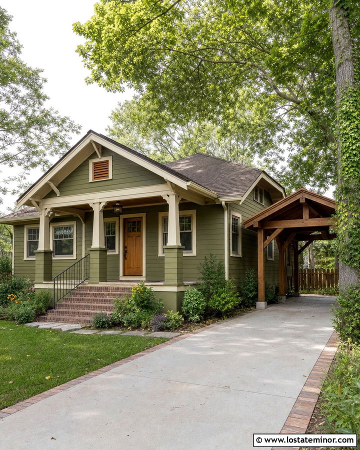 Olive Green Bungalow With Cedar Carport - 30 Olive Green House Design With Carport Ideas