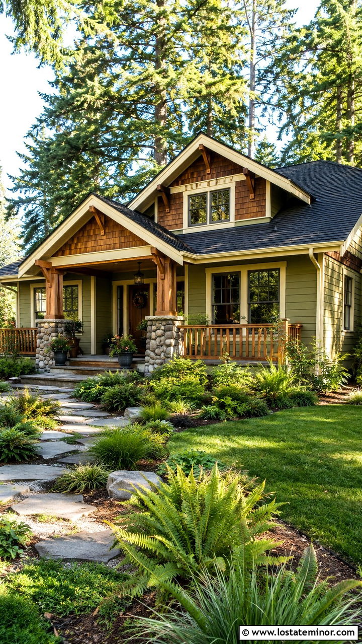 Olive Green Bungalow With Cedar Shake Porch - 30 Olive Green House Design With Cedar Shake Ideas