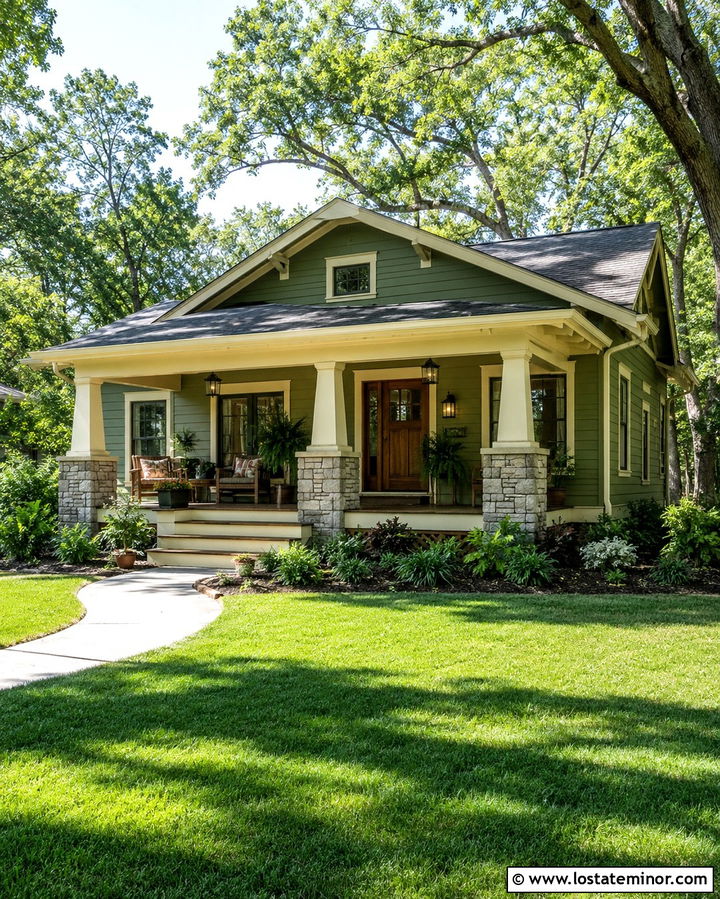 Olive Green Bungalow With Charcoal Porch Roof - 30 Olive Green House Design With Front Porch Ideas