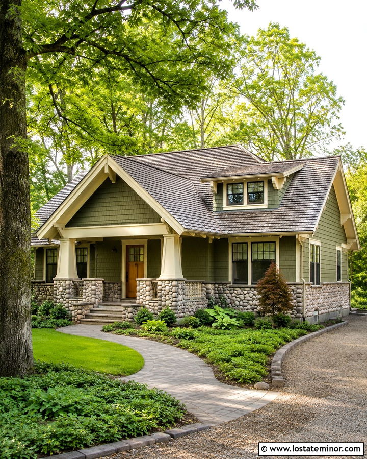 Olive Green Bungalow With Cobblestone Wainscoting - 30 Olive Green House Design With Wainscoting Ideas