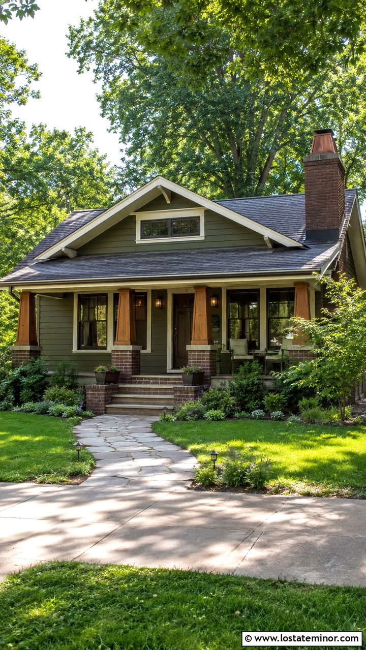 Olive Green Bungalow With Copper Chimney Cap - 30 Olive Green House Design With Chimney Ideas